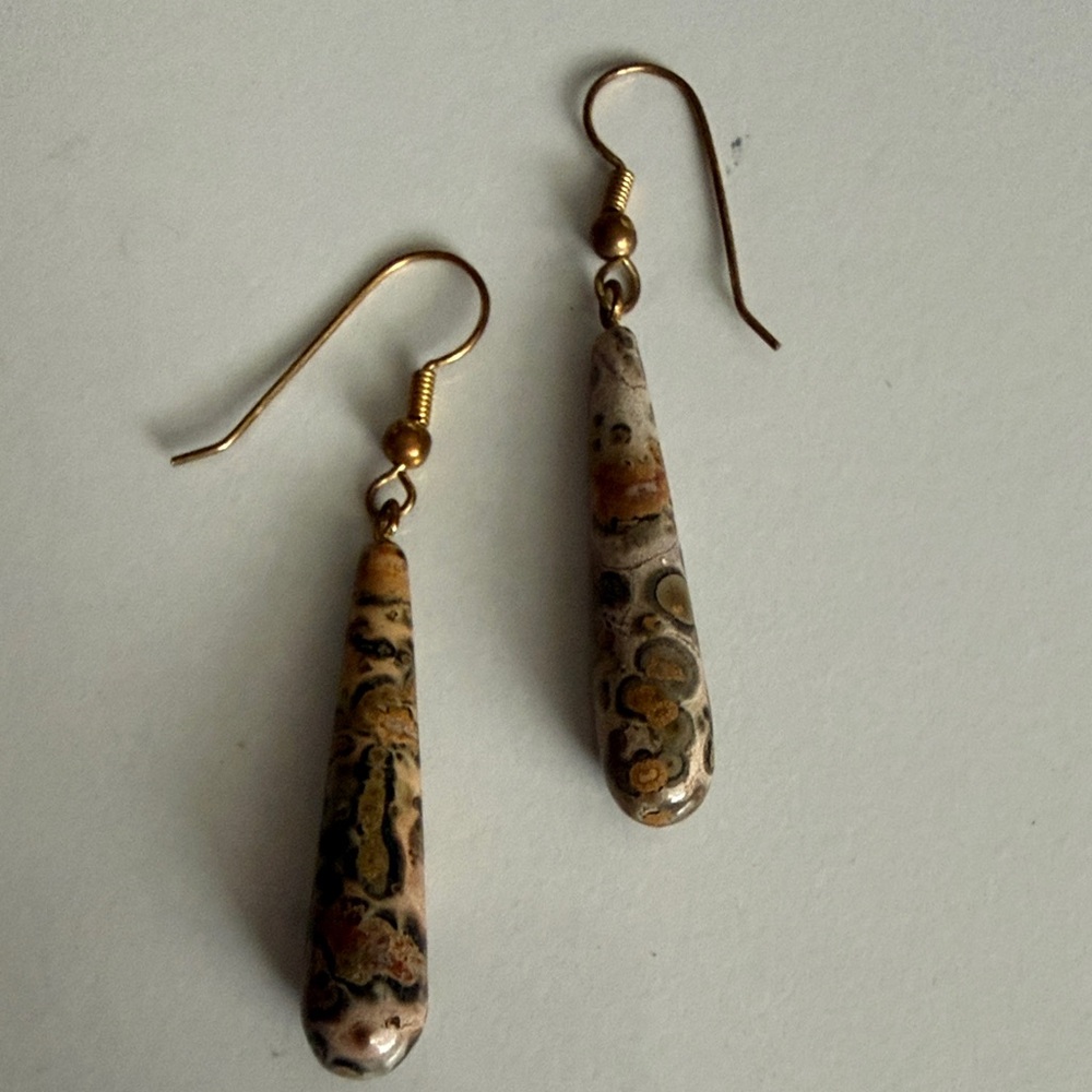 Leopard Skin Jasper Dangle Tear Drop Earrings with Gold Tone Shepherds Hook Wire